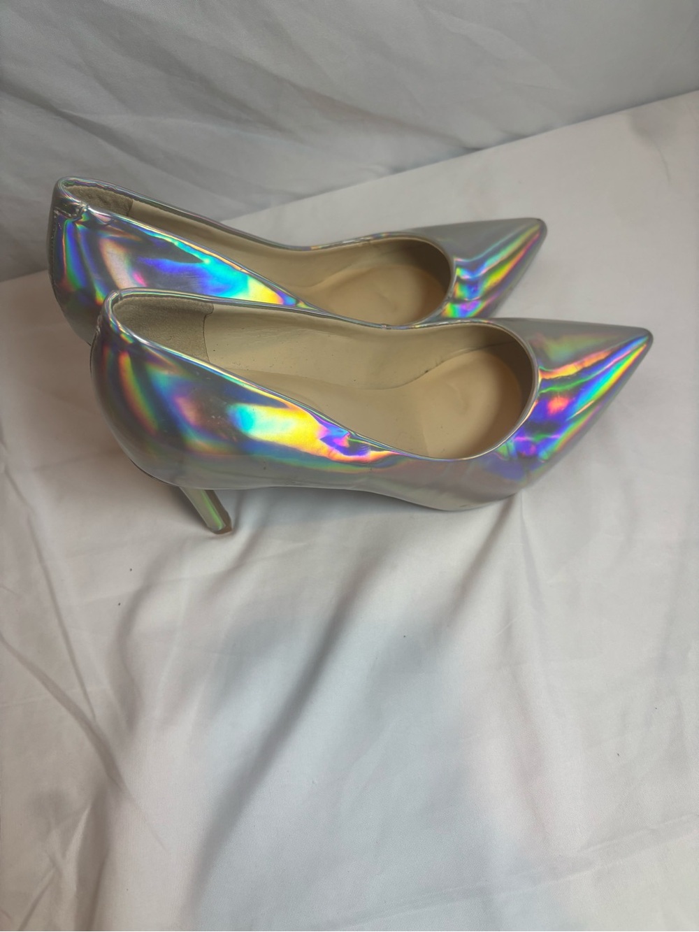 Iridescent Pointed-Toe High Heels - Women's Silver Holographic Pumps